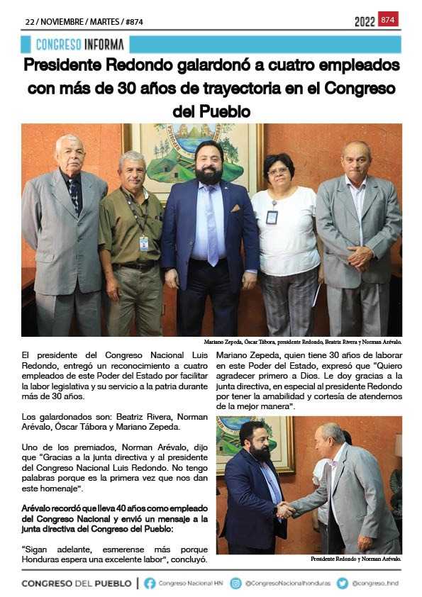 Presidente Redondo galardonó a cuatro empleados con más de 30 años de trayectoria en el Congreso del Pueblo